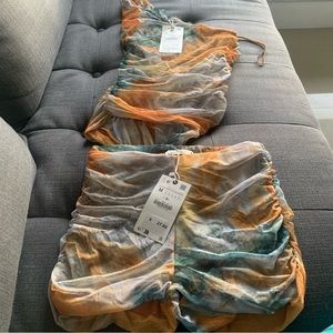 One shoulder mesh shirt set